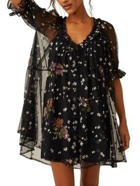 Free People With Love Black Mesh Floral Babydoll Mini Dress
